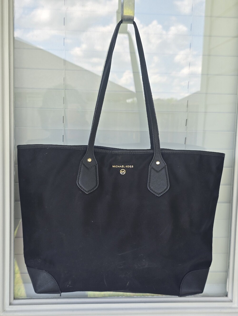 Michael Kors Black Nylon Large Tote Shoulder Bag Gold Logo Travel Shopper 12x18
